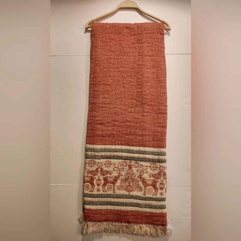 🎁Piscatextil Holiday Throw Blanket - Red Heather with Stripes & Adornments